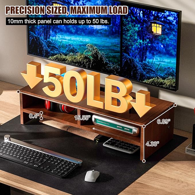 Monitor Stand Riser with Storage, 2 Tier Desk Organizer & Desktop Wood Shelf, Ergonomic Computer Stand for Laptop, PC & Printer, 16" Small TV Riser with 50 lbs Weight Capacity, Walnut Brown