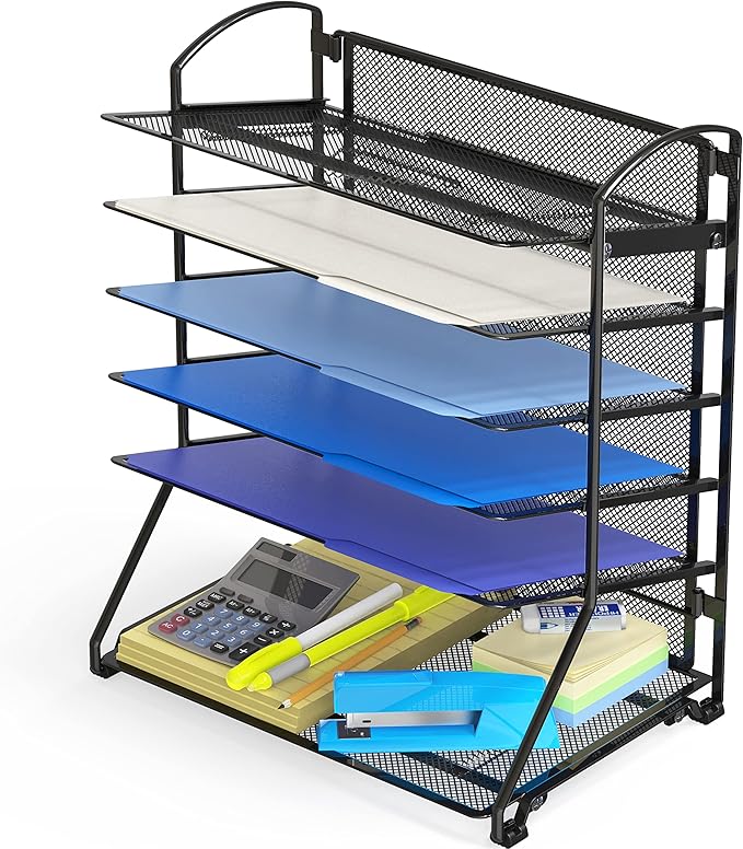 Simple Houseware 6-Tier Sliding File Organizer, Desk Letter Tray for Document and Mail Sorting, Black