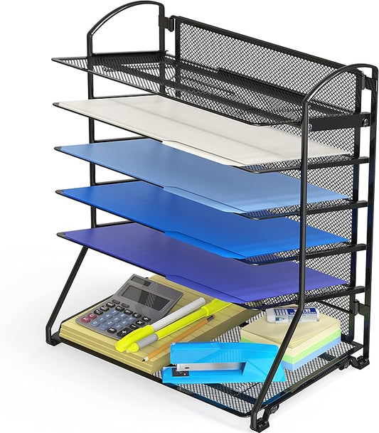 Simple Houseware 6-Tier Sliding File Organizer, Desk Letter Tray for Document and Mail Sorting, Black