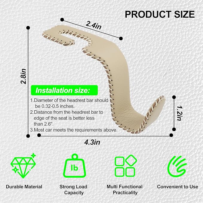 Amooca Car Seat Headrest Hook, Universal Vehicle Storage Hanger, Leather with Metal Car Seat Back Organizer for Handbag, Purse, Coat, Ergonomic Design, Beige 2 Pack