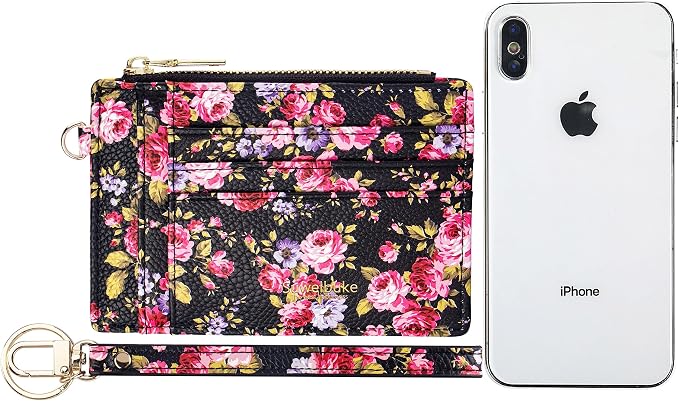 Wikavanli Women Slim Rfid Blocking Credit Card Case Holder Wristlet Zip ID Case Wallet Small Compact Leather Wallet Coin Purse with Keychain (Z-Color flower)
