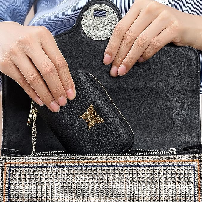 imeetu RFID Credit Card Holder for Women Genuine Leather Card Case Wallet with Zipper and Removable Keychain (Purple Coffee)