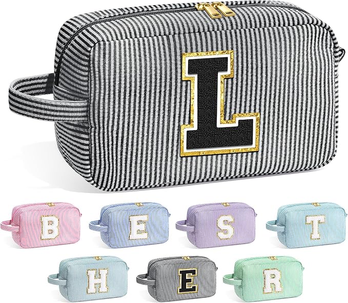 YOOLIFE Birthday Gifts for 6 7 8 9 10 11 12 13 14 15 Year Old Teen Girl - Initial Makeup Bag Letter Toiletry Pouch Cosmetic Case, Personalized Teen Girl Gifts Trendy Stuff Party Favor, Black L