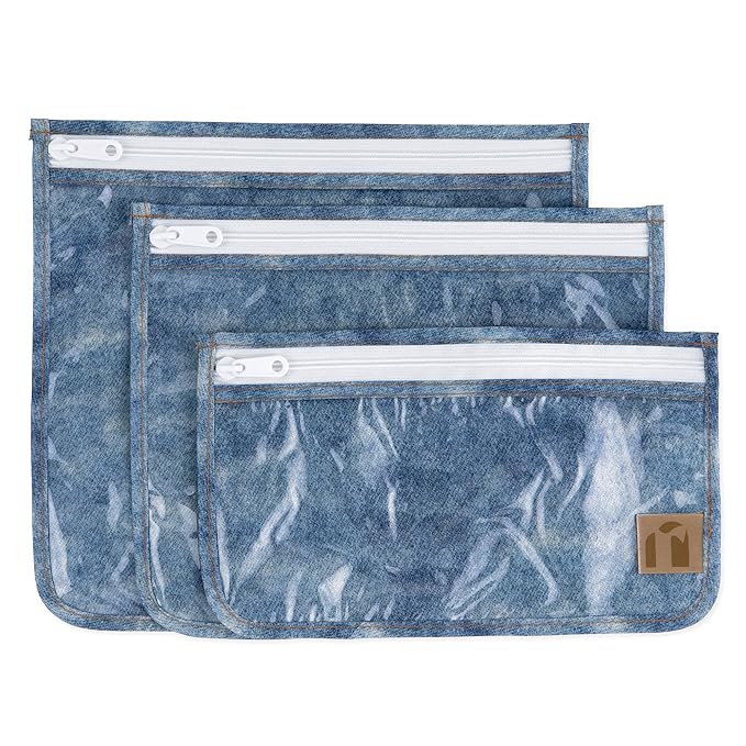 Bumkins Roamio Travel Bag, Toiletry, TSA Approved Pouch, Zip Quart Size Airline Compliant, Clear-Sided, Baby, Diaper Bag Organization, Makeup, Accessories, Carry On Packing, Set of 3 Sizes, Faux Denim