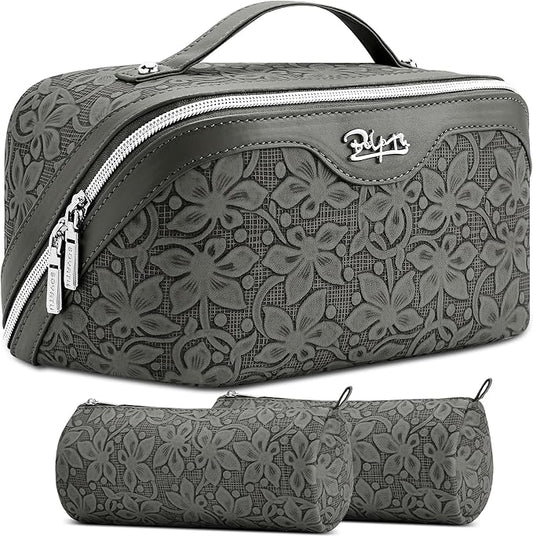 BOYATU Travel Makeup Bag Cosmetic Bags for Women: Large Capacity 3 Pcs Set Make up Bag with Compartments - Waterproof Vegan Leather Toiletry Organizer Bags with Handle (Z-62Grey)