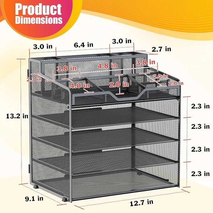 Docnest 5 Tier Mesh Desk Organizer for Paper Office Supplies – Multi-Functional Letter Tray with 5 Adjustable Compartments, 3 Pen Holders, Desktop Storage for Files, Mail, Stationery – Black