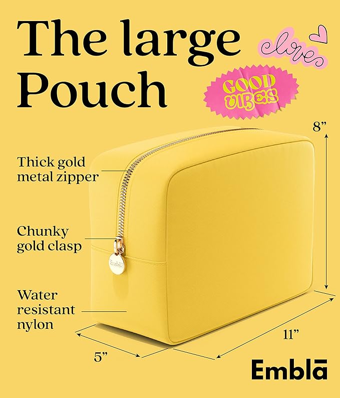 Embla Large Makeup Bag and Waterproof Nylon Travel Toiletry Bag, Large Capacity Cosmetic Zipper Pouch, Yellow