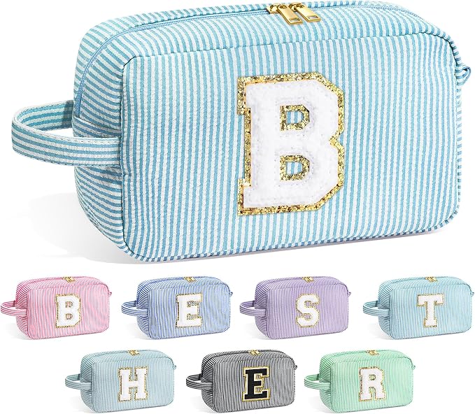 YOOLIFE Bridesmaid Proposal Gifts - Personalized Bridal Shower Bridesmaid Bride To Be Bachelorette Party Gifts Maid Matron Honor Gifts, Monogram Initial Black Makeup Bag Cosmetic Bag, Light Blue B