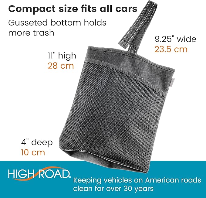 High Road TrimTrash Hanging Car Garbage Bag - Slim and Leakproof Car Trash Bag with Magnetic Closure and Storage Pocket - Attaches to Seat, Glovebox or Console