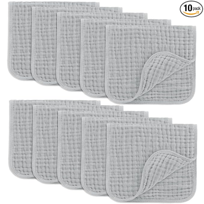 Comfy Cubs Muslin Burp Cloths 20" x 10", Pack of 10 - Large, 6-Layer, Ultra Absorbent 100% Cotton for Baby Drool and Messes - Soft, Safe & Gentle Baby Burp Cloths for Boys & Girls - Heather Blue