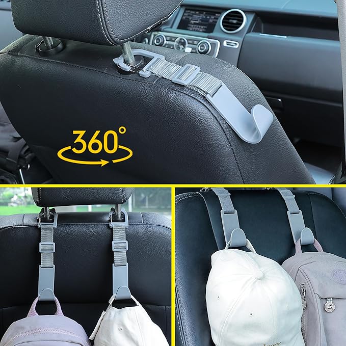Amooca Car Headrest Hooks 4 Pack Adjustable Universal Fit Auto Seat Back Organizer Storage Hanger Purse Bags Holder with Clip Gray