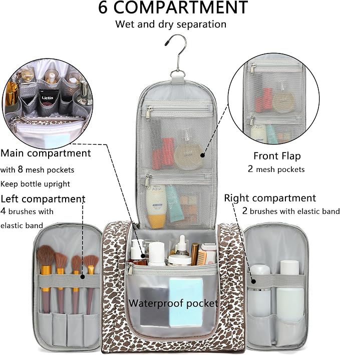 Hanging Travel Toiletry Bag For Women, Leopard Print Toiletries Bag For Travel Essential,Large Capacity Toiletries Organizer Kit For Cosmetics And Makeup