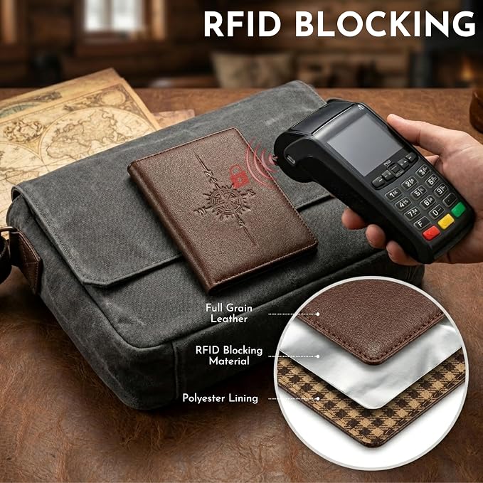 SETTINI Genuine Leather Passport Holder for Travel — RFID Blocking Passport Wallet for Men & Women, Compass Design, 6 Card Slots, ID Window, Travel Gift in Gift Box
