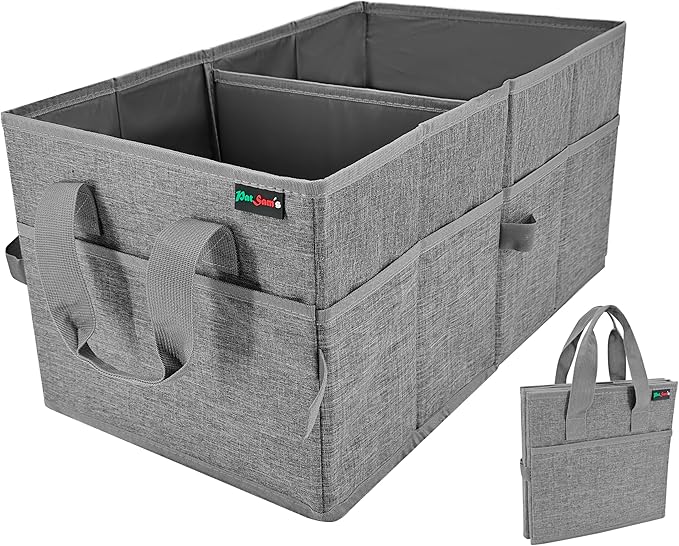 PAT SAM'S Car Trunk Organizer for SUV, Foldable Collapsible Storage Organizer with Dividers, Non-Slip Waterproof 600D Oxford, Backseat & Trunk Storage for Groceries, Tools, Toys (Gray)