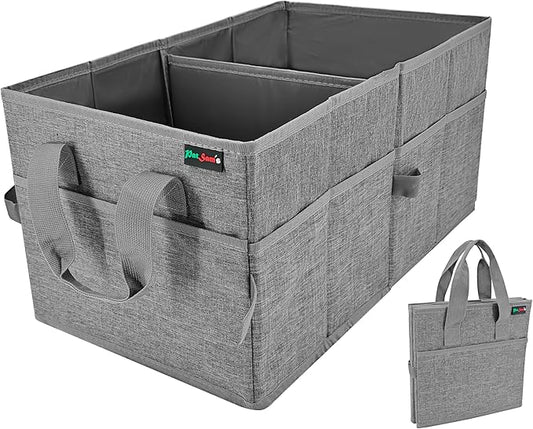 PAT SAM'S Car Trunk Organizer for SUV, Foldable Collapsible Storage Organizer with Dividers, Non-Slip Waterproof 600D Oxford, Backseat & Trunk Storage for Groceries, Tools, Toys (Gray)