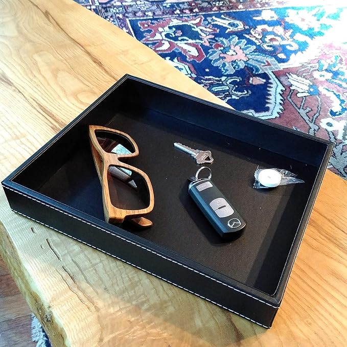ULTRAY, Valet Tray, Desk Tray, Key Bowl, Nightstand Organizer for Men, Black PU Leather, 10.3 x 8.3 x 1.6 inches