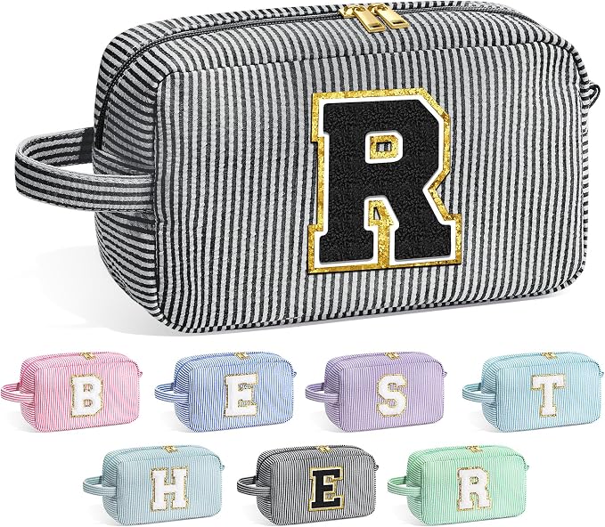 YOOLIFE Birthday Gifts for 6 7 8 9 10 11 12 13 14 15 Year Old Teen Girl - Initial Makeup Bag Letter Toiletry Pouch Cosmetic Case, Personalized Teen Girl Gifts Trendy Stuff Party Favor, Black R