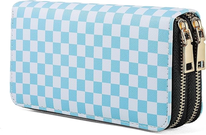 Checkered Wallets for Women Cute Large Capacity Blue Female Plaid Purse 2 Zippers Credit Card Holder