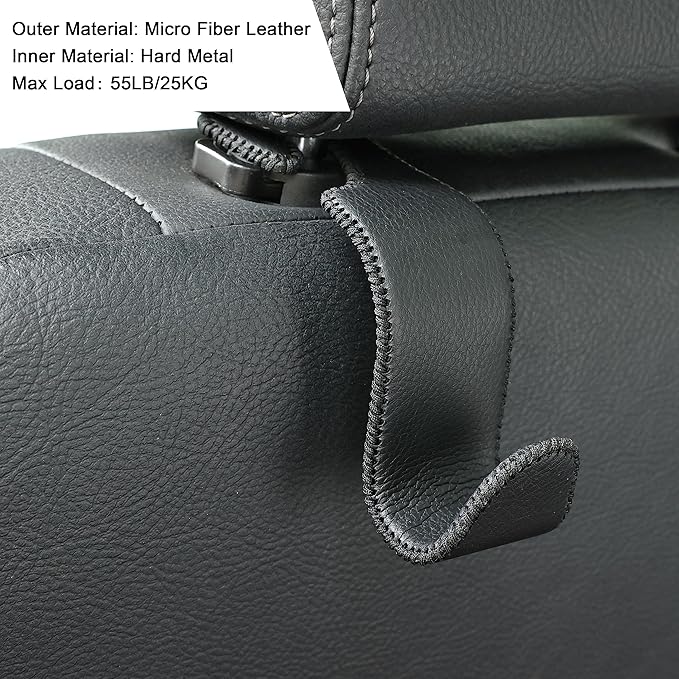 Amooca Car Seat Headrest Hook Universal Vehicle Storage Hanger Leather with Metal Car Seat Back Organizer for Handbag Purse Coat Black 4 Pack