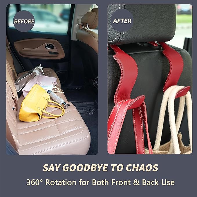 Amooca Car Seat Headrest Hook Universal Vehicle Storage Hanger Leather with Metal Car Seat Back Organizer for Handbag Purse Coat Wine 2 Pack