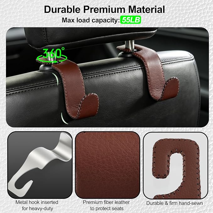 Amooca Car Seat Headrest Hook, Universal Vehicle Storage Hanger, Leather with Metal Car Seat Back Organizer for Handbag, Purse, Coat, Ergonomic Design, Brown 2 Pack