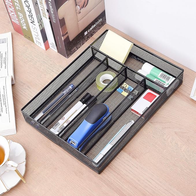 WuGeShop Office Desk Drawer Organizer, 5 Compartments Mesh Drawer Organizer Tray for Storage Art Supplies, Stationery, Black