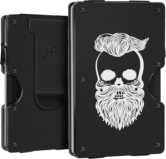 Men Minimalist Metal Wallet | Sugar Skull Engraved | Slim Aluminum Credit Card Holder | Aluminum RFID Blocking EDC Tactical Wallets | Personalized Mini Front Pocket Money Case