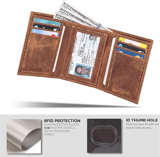 Tri fold Leather Wallet for Men with RFID | Slim Wallets for Men with 1 ID and 6 Credit card slots | Front Pocket Minimalist
