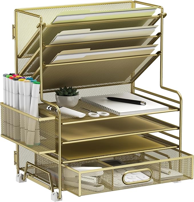 MINDEPOT 4-Tier Paper Organizer + 3-Pocket File Holder + Drawer + Pen Holders, Desktop File Organizers Paper Tray for Office Supplies School Classroom Organization (Gold, with Drawer & Pen Holder)