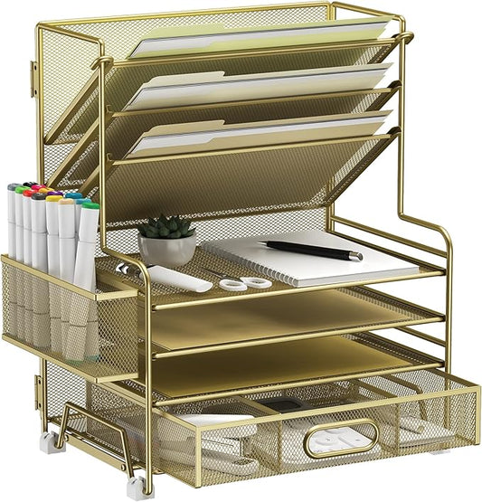 MINDEPOT 4-Tier Paper Organizer + 3-Pocket File Holder + Drawer + Pen Holders, Desktop File Organizers Paper Tray for Office Supplies School Classroom Organization (Gold, with Drawer & Pen Holder)
