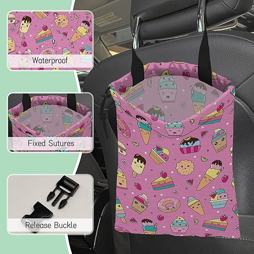 Sweets Ice Cream Car Garbage Bag,Kawaii Dessert Waterproof Small Car Trash Bag Hanging Back of Seat,Drawstring Hanging Car Trash Bag with Adjustable Buckle for Car Accessories