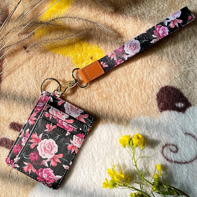 Coco Rossi Slim Front Pocket Wallet RFID ID Card Holder Cute Small Wallet with Wrist Lanyards Key Chain Holder for Women,Black Flowers