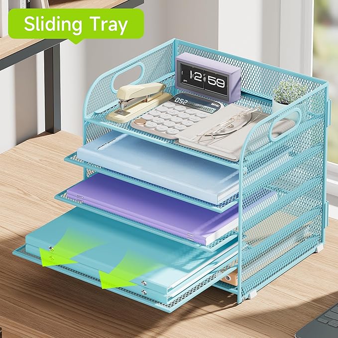 Cawukege 2 Pack 5 Tier Paper Organizer, Letter Tray with Handle, Mesh Desk Organizer, Metal File Organizer, Office Desk Accessories for Home, Office, Classroom, School -Blue