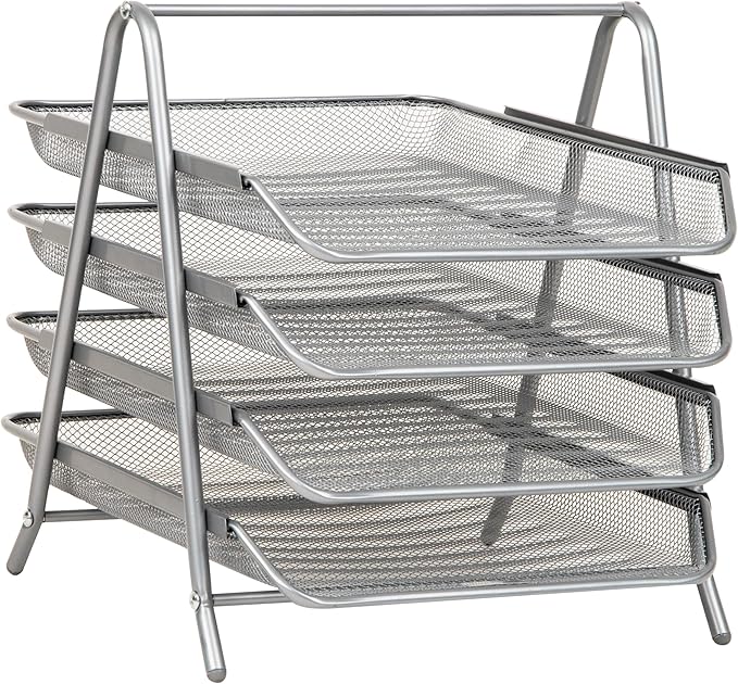 Mind Reader 4-Tier Paper Tray, Desktop Organizer, File Storage, Office, Metal Mesh, 12"L x 13.75"W x 12.5"H, Silver