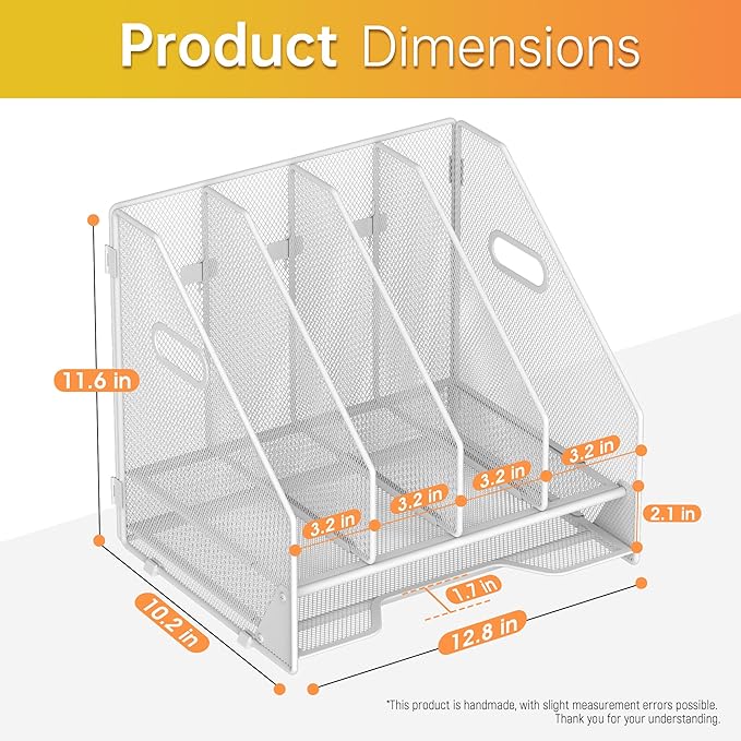 Docnest Desk File Holder Sorter, 4 Vertical Compartments Rack with Letter Tray, Mesh Magazine File Holder with Handle,Workspace Organizers,Desk Organizers for Paper, Mail, Documents-White
