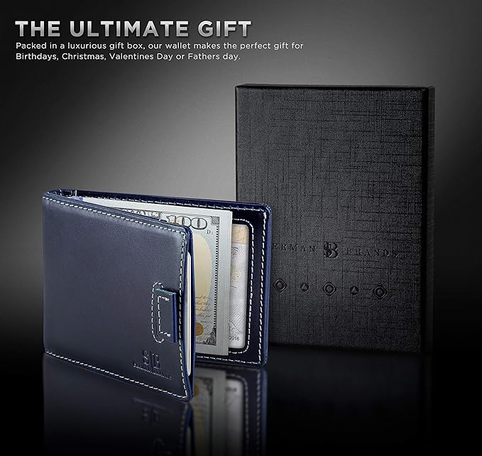 SERMAN BRANDS RFID Blocking Slim Money Clip Wallet – Leather Bifold Front Pocket Minimalist Mens Wallet with Money Clip for Men, Small Credit Card Holder Wallet - Travel Wallet with Gift Box