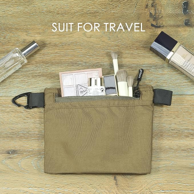 YUMQUA Water-Resistant Zipper Pouch with Carabiner Clip, Small Nylon Multipurpose Travel Digital Cosmetics Toiletry Bag Tool Storage Pouch, Khaki