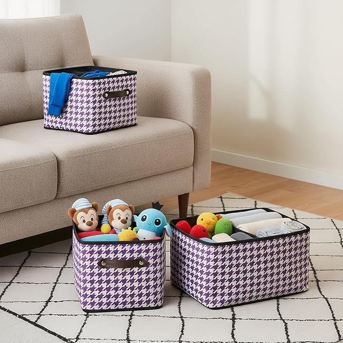 3 Pack Large Collapsible Storage Baskets for Shelves,14.9"x9.5" Fabric Closet storage Boxes with Leather Handles,Decorative Organizers Storage Bins for Clothes,Sheets,Books,(Purple Houndstooth
