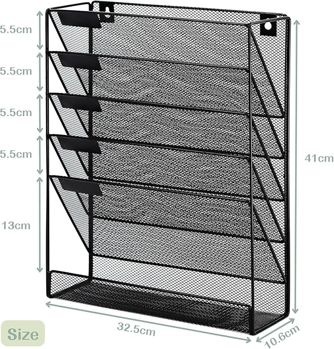 5 Pockets Mesh Wall File Holder Organizer with Bottom Flat Tray, Office Hanging File Folder Magazine Rack, Nametag Label Hooks Set Included, Black