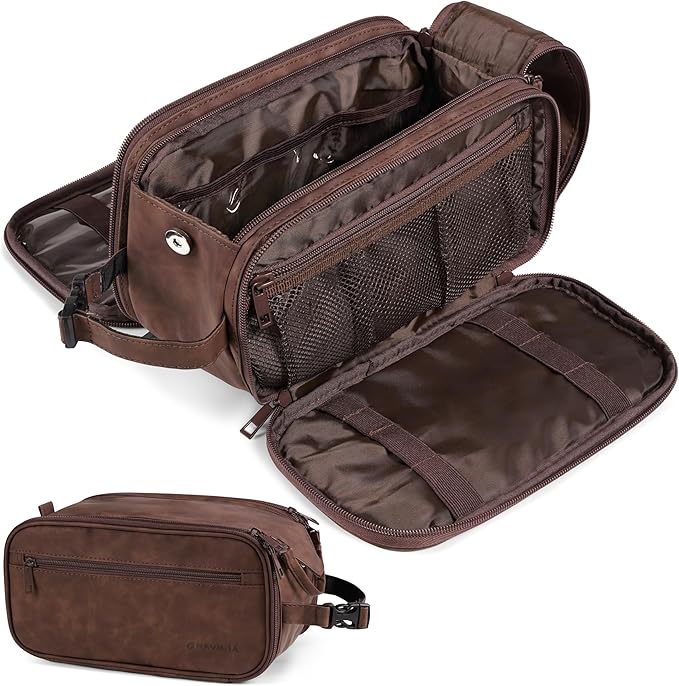 PAVILIA Toiletry Bag for Men, Hanging Travel Dopp Kit Organizer, PU Leather Water Resistant Bathroom Bag for Shaving Grooming, Large Capacity Cosmetic Bag Travel Essentials, Dark Brown