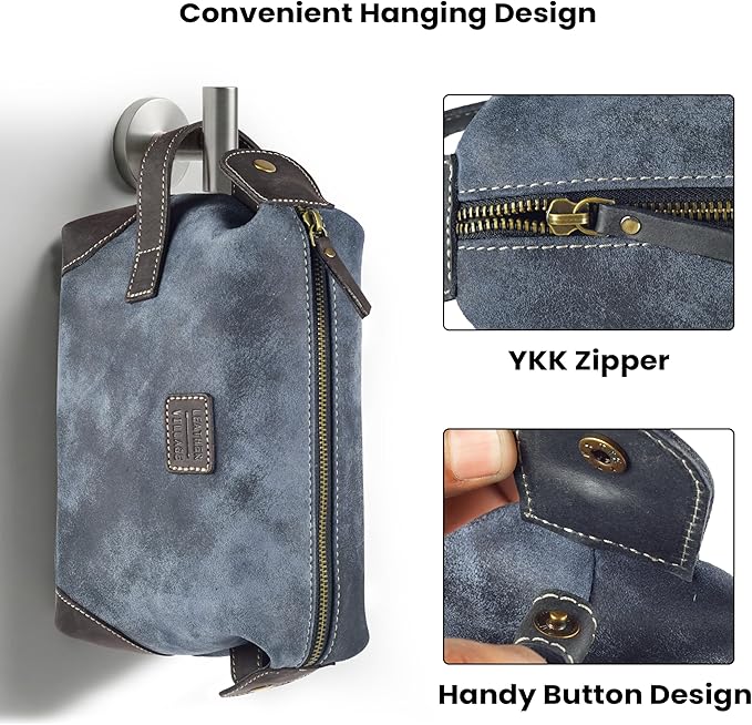 LEATHER VILLAGE Genuine Leather Dopp Kit for Men & Women – Travel Vintage Toiletry Bag with Waterproof Lining, Shaving & Bathroom Essentials Organizer - Distressed Blue