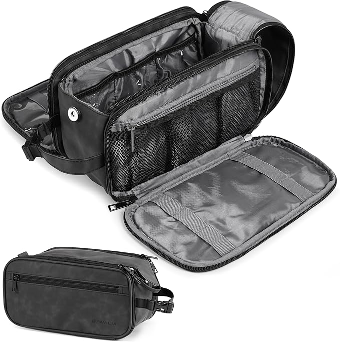 PAVILIA Toiletry Bag for Men, Hanging Travel Dopp Kit Organizer, PU Leather Water Resistant Bathroom Bag for Shaving Grooming, Large Capacity Cosmetic Bag Travel Essentials, Black