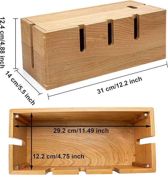 Elitzia Wood Cable Tidy Box Large Desk Cable Management Box Cord Wire Organiser for Hiding Messy Cables Wire Management Natural Cherry Wood Cables Storage Tidy Boxs for Home Salon SPA Office ETCHER01