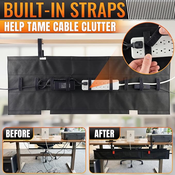 Under Desk Cable Management Tray 48" — No Drill Clamp-On Cord Organizer for Desk with Built-in Ties, Heavy Duty Metal Clamp, Foldable 600D Oxford Fabric for Home Office, WFH & Gaming PC Setup (Black)