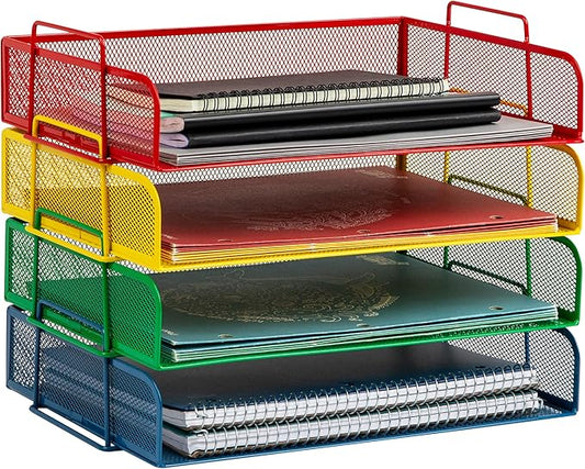 Mind Reader Stackable Paper Tray, Classroom Organizer, File Storage, Teachers, Metal Mesh, 4 Pcs., Multi-Colored