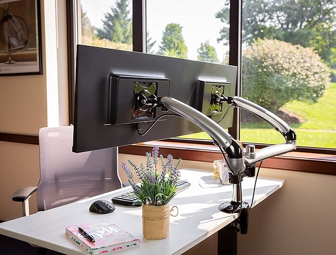 Ergotech Dual Freedom Arm, Includes Two Aluminum Articulating Arms,8.4-17.8 lbs. Weight Capacity per Arm, Suitable for Monitors up to 27'', VESA Compatible 75×75, 100×100,(FDM-PC-G02) -Dual,Metal Gray