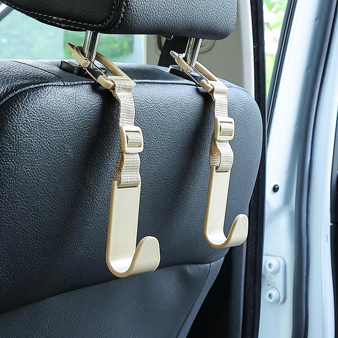Amooca Car Headrest Hooks 4 Pack Adjustable Universal Fit Auto Seat Back Organizer Storage Hanger Purse Bags Holder with Clip Beige