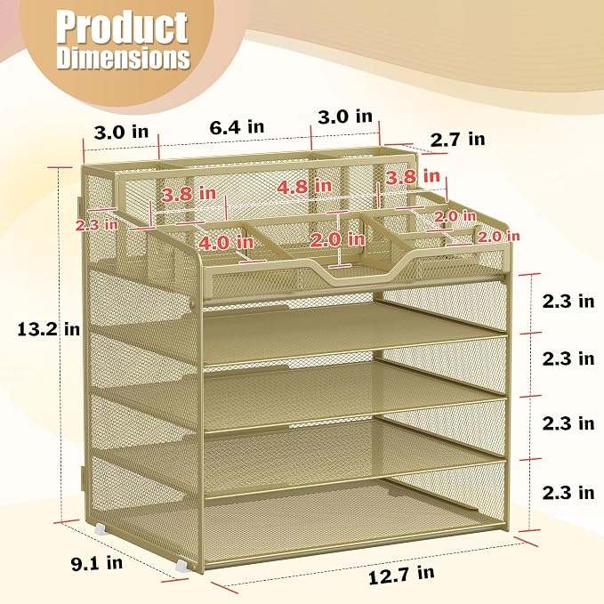 Docnest 5 Tier Mesh Desk Organizer for Paper Office Supplies – Multi-Functional Letter Tray with 5 Adjustable Compartments, 3 Pen Holders, Desktop Storage for Files, Mail, Stationery – Gold