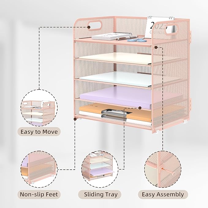 2 Pack 5-Tier Pink Desk Organizer with Handle Mesh Desk File/Paper Organizer Letter Tray for Office, School, Classroom and Home Easy Installation