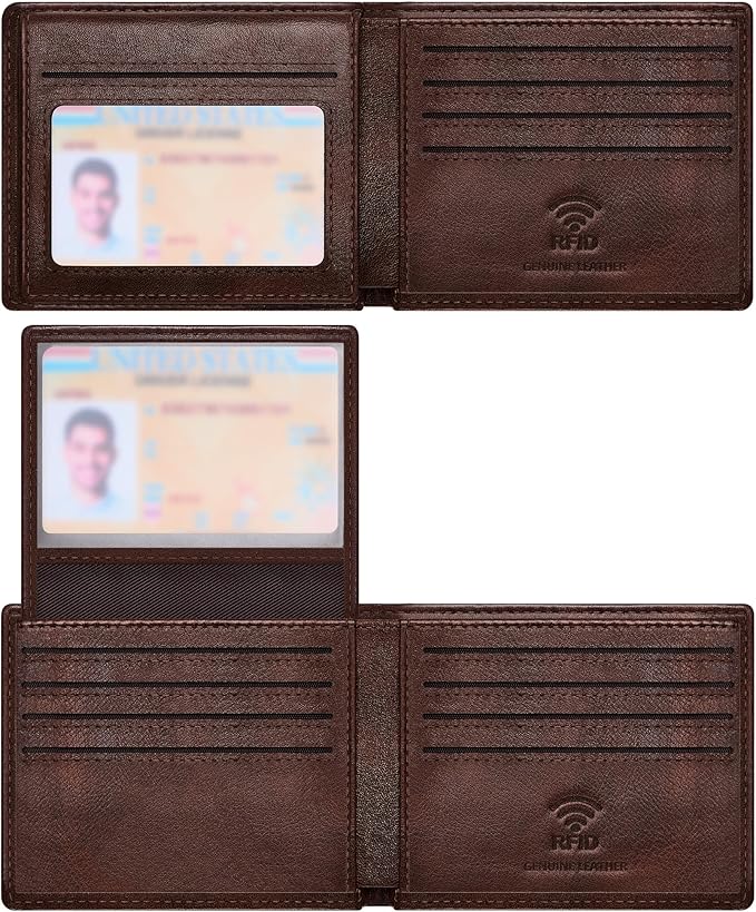 Travelambo Genuine Leather Wallet for Men with Gift Box - Handmade Bifold Stylish - Mens Wallets Rfid Blocking with 2 ID Windows